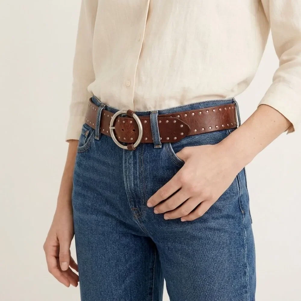 J Crew Rivet Adjustable O Ring Belt Womens S/M Brown VTG Wide Studs Leather